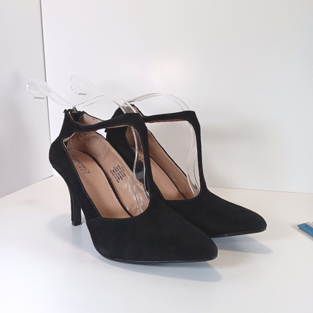 Greenwich Village Women's Black Suede Strappy Stilleto Heels Size 6.5